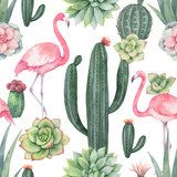 Akwarela różowego flaminga, kaktusów i sukulentów Tapety Do salonu Tapeta