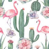 Akwarela różowego flaminga, kaktusów i sukulentów Tapety Zwierzęta Tapeta