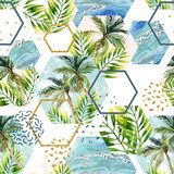 Akwarela tropikalnych liści i palm w geometrycznych Tapety Pory roku Tapeta
