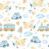Akwarela z zabawkami chłopców pociągi samolotem Tapety Pojazdy Tapeta