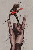 big hand in rock n roll sign with guitarist,illustration painting Ludzie Plakat