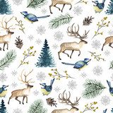 Boże Narodzenie z ptakami, jelenie, drzewa, płatki Tapety Pory roku Tapeta