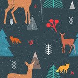 Boże Narodzenie ze zwierzętami leśnymi i drzewami w Tapety Zwierzęta Tapeta