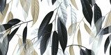 , czarne, złote i białe długie liście na jasnoszarym Tapety Kwiaty Tapeta