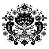 Czarno-biały ludowy ornament kwiatowy w stylu folk Folklor Fototapeta