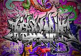 Czarno-srebrne graffiti na kolorowej ścianie z muralami Fototapety Graffiti Fototapeta