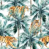 Dżungla Tropikalne palmy i tygrys. Ręcznie rysowane Tapety Zwierzęta Tapeta