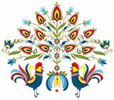 Folkowy motyw kogutów i kwiatów w jasnych barwach Folklor Fototapeta