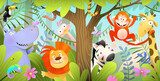 Funny wild African animals in Jungle forest. Lion zebra jiraffe snake and hippo cute animals cartoon for kids in the tropical forest or savanna. Playful zoo scenery vector illustration for children. Fototapety do Pokoju Dziecka Fototapeta
