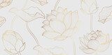 Gold lotus line pattern. Golden design with lotus flower and leaves on white background. Vector illustration. Fototapety do Łazienki Fototapeta