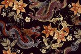 Haftuj smoki i kwiaty. Klasyczny haft azjatyckiego Styl Orientalny Tapeta