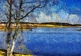 Incredible beauty of nature landscape. Spring season. Impressionism oil painting in Vincent Van Gogh modern style. Creative artistic print for canvas or textile. Wallpaper, poster or postcard design. Van Gogh Obraz