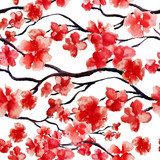 Japoński wiśni gałąź wiosna kwiat, akwarela czerwony Styl Orientalny Tapeta