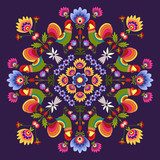 Kolorowa mandala ludowa z kogutami na fioletowym tle Folklor Fototapeta