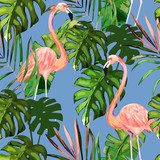 Lato z flamingiem, liśćmi palmowymi. Tropikalna Tapety Zwierzęta Tapeta