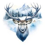 Majestic reindeer head in the snow. Winter wonderland. Watercolor illustration of a beautiful deer with a serene winter landscape and snowy pine trees in the background Zwierzęta Fototapeta