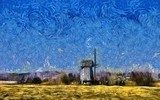 Nature landscape and old historical mill in village. Impressionism oil painting in Vincent Van Gogh modern style. Creative artistic print for canvas or textile. Wallpaper, poster or postcard design. Van Gogh Obraz