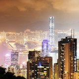 Nocna panorama Hongkongu z widokiem na zatokę Fototapety Miasta Fototapeta