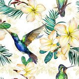 Piękny colibri, żółte kwiaty plumeria i liście Tapety Zwierzęta Tapeta