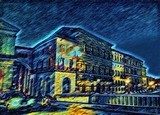 Ponte di mezzo in Pisa, Italy. Old houses at embankment. Italian bridge. Big size oil painting fine art in Vincent Van Gogh style. Modern impressionism drawn. Creative artistic print or poster. Van Gogh Obraz