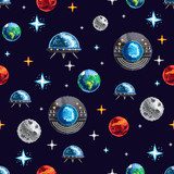 Projekt w pikselach z kolorowymi planetami i statkami Styl Futurystyczny Tapeta