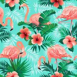 Różowe flamingi, egzotyczne ptaki, tropikalne liście Tapety Zwierzęta Tapeta