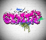 Różowo-fioletowe graffiti na ceglanej ścianie z akcentami Fototapety Graffiti Fototapeta