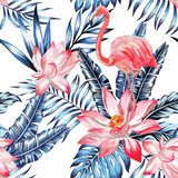 różowy flaming i niebieskie liście palmowe Tapety Zwierzęta Tapeta