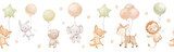 Seamless watercolor border with cute baby fox, elephant and bunny in neutral colors. Funny animals are flying with balloons in clouds. Hand drawn illustrations Fototapety do Pokoju Dziecka Fototapeta