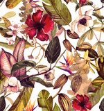 Seamless watercolor pattern with tropical flowers, magnolia, orange flower, vanilla orchid, tropical leaves, banana leaves Tapety Kwiaty Tapeta