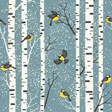 Śnieżne brzozy i ptaki na jasnoniebieskim tle. . Styl Skandynawski Tapeta