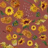 Sunflower flowers on a background of sea green. Vector illustration based on the painting of Van Gogh. Van Gogh Obraz