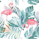 Tropikalny z flamingiem i liśćmi. Akwarela letni Tapety Zwierzęta Tapeta