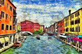 Venetian canal with moving boats, digital imitation of Van Gogh painting style Van Gogh Obraz