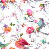 Vintage: ptak, motyl i kwiat, liść, gałąź, na białym Tapety Kwiaty Tapeta