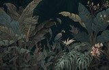 wallpaper palm tropical forest vintage jungle pattern with birds dark mood, Generative ai Fototapety do Salonu Fototapeta