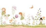 Watercolor composition with floral meadow, delicate abstract flowers and cute fairies, isolated horizontal border for cover or wallpapers, mural for childish room. Hand drawn design print. Fototapety do Pokoju Dziecka Fototapeta