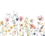 Watercolor floral seamless border. Hand painted frame of green leaves, wildflowers, field flowers, isolated on white background. Iillustration for design, print, background Fototapety do Sypialni Fototapeta
