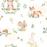 Woodland animals watercolor seamless pattern bear fox bunny Fototapety do Pokoju Dziecka Fototapeta