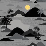 Wyspa na nocnej sylwetce palmy, plaży, góry na Tapety Krajobrazy Tapeta