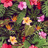 z tropikalnymi liśćmi i kwiatami Tapety Kwiaty Tapeta