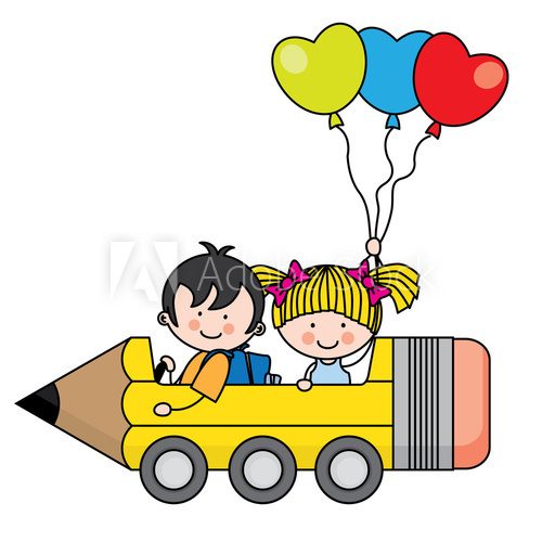 kids riding a pencil car  Fototapety do Przedszkola Fototapeta