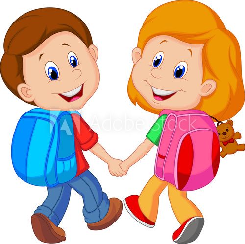 Idziemy do szkoły - chłopiec i dziewcznka z plecakiem - Fototapety do  przedszkola, edukacyjne - demur