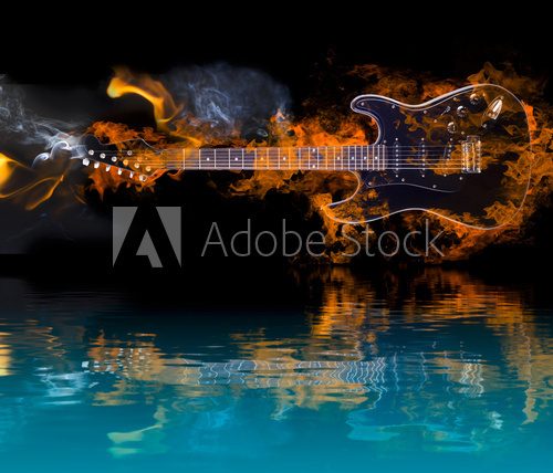 Burning Electric Guitar with reflection in water  Muzyka Obraz