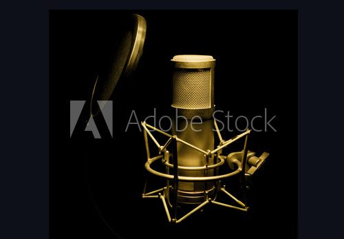 golden microphone isolated on black background  Muzyka Obraz