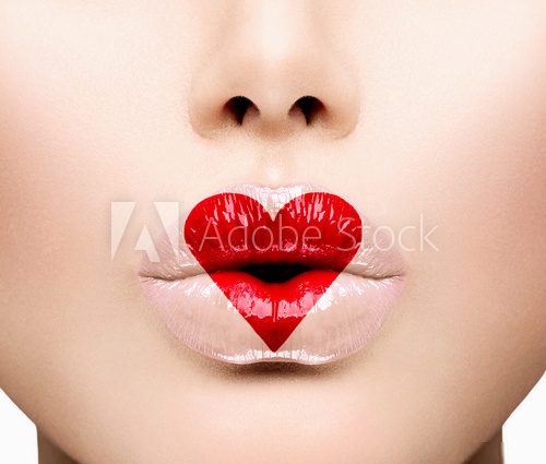 Beauty Sexy Lips with Heart Shape paint. Valentines Day  Ludzie Obraz