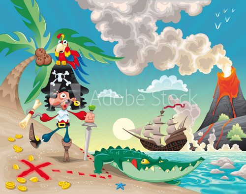 Pirate on the isle. Funny cartoon and vector scene.  Fototapety do Pokoju Chłopca Fototapeta