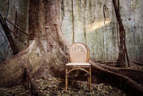 the tree, the old chair and the ruined wall - Grunge textured  Olejne Obraz