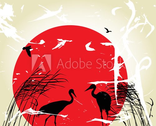 two cranes in rush at red sunset  Orientalne Fototapeta