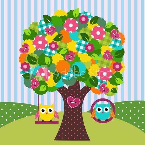 beautiful tree with owls on swings - vector illustration  Plakaty do Pokoju dziecka Plakat